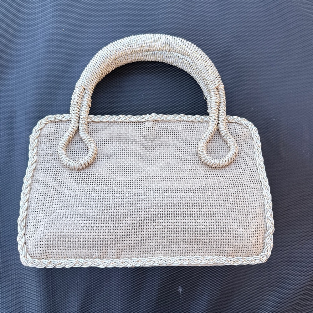 Vintage Raffia Straw Handbag Floral Shell Applique Japan 50s 60s - Picture 4 of 11